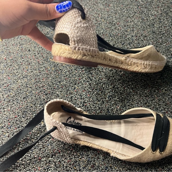 CASTANER BY MANOLO BLAHNIK Cream & Black Lace-Up Canvas Espadrilles Shoes Flat 8 - Picture 13 of 16